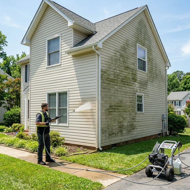 Worker pressure washing the siding of a home in Winchester, VA