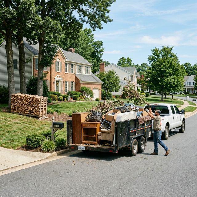 Loaded trailer with junk and yard waste being hauled away from a residential property in Winchester, VA