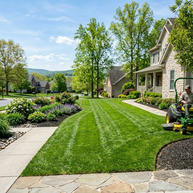 Freshly mowed residential lawn with clean mowing lines in Winchester, VA