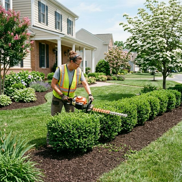 Landscaping worker trimming hedges at a residential property in Winchester, VA